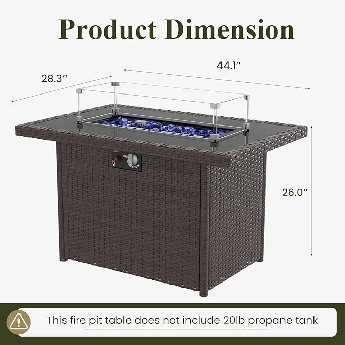 Propane Fire Pit Table, 44" Outdoor Gas Fire Pit with Glass Wind Guard & Waterproof Cover