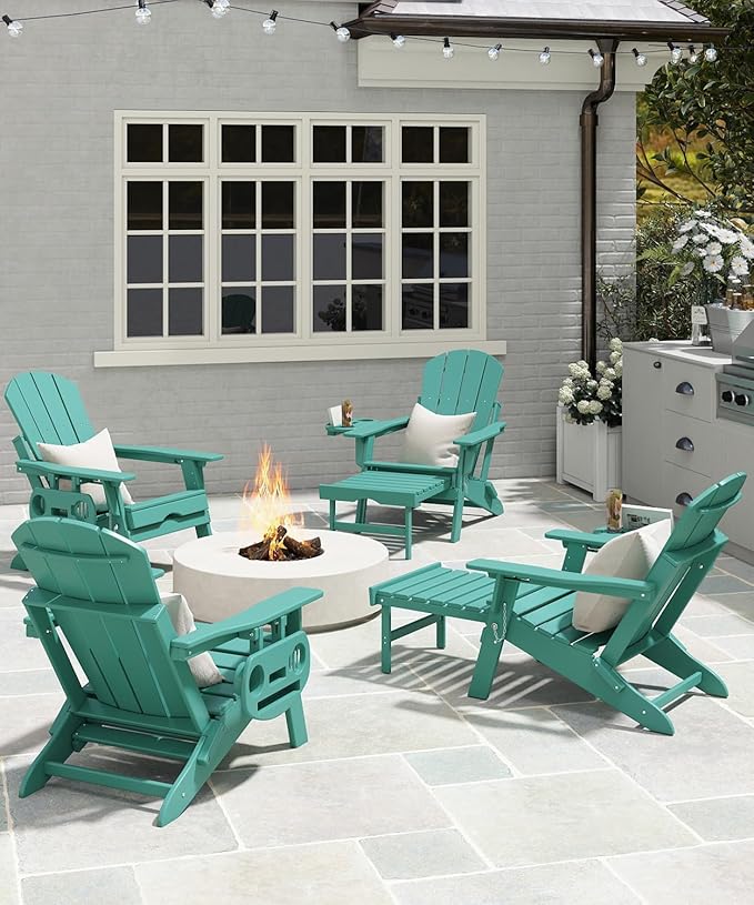 Adjustable Adirondack Chair with Retractable Ottoman Set of 4, HDPE Folding Adirondack Chair with Cup Holder, All Weather Fire Pit Chair for Outdoor.