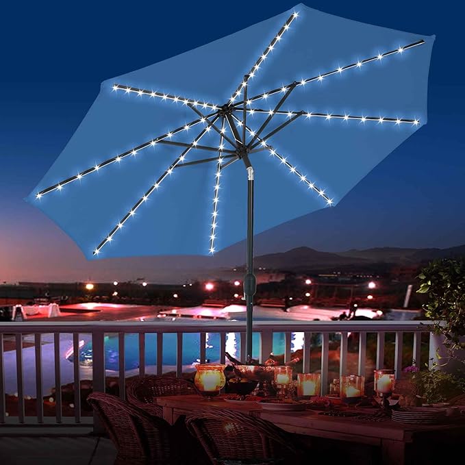 Sundale Outdoor Olefin 5-Year-Non-Fading Solar 80 LED 9 FT Solar Patio Umbrella with Sand Bag Base, Outdoor Umbrella with Tilt and Crank, Navy