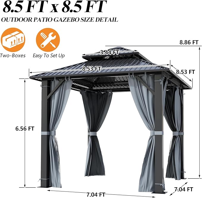 GARTOO 8.5x8.5FT Outdoor Hardtop Gazebo - Aluminum Heavy-Duty Steel Top Gazebo with Breathable Netting & Privacy Curtain, Double Roof Gazebos for Patio, Porch, Garden, Lawn, Deck, Backyard