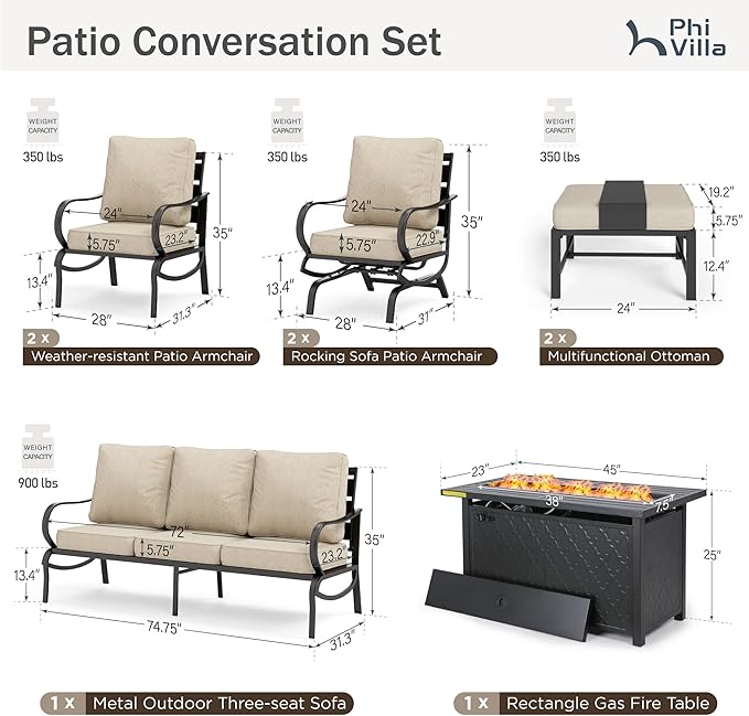 PHI VILLA 8 Piece Outdoor Patio Furniture Set with 1 x 45 FirePit Table, 1 x 72 Deep Seating Sofa Bench, 2 x C-Base Sofa Chairs, 2 x Armrest Legs Chair and 2 x Metal Cushioned Ottoman