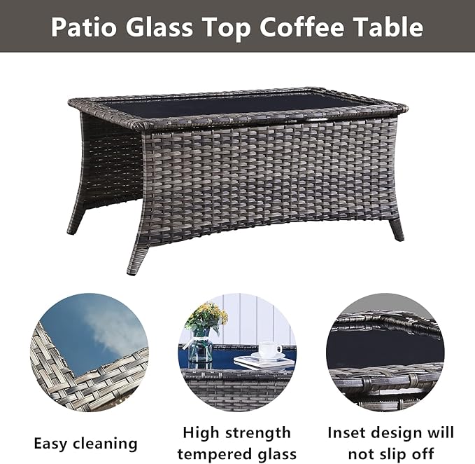 Belord Outdoor Wicker Furniture Patio Set - 7 Piece Backyard Furniture Grey Rattan Conversation Sets with Swivel Rocker Chairs, Rattan Sofa, Club Chairs and Coffee Table, Grey Cushion