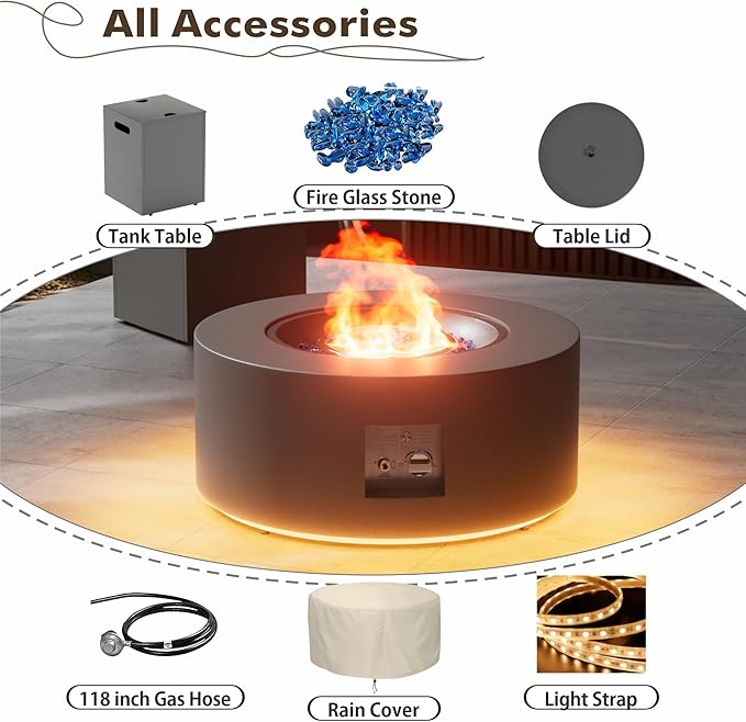 30" Round Propane Fire Pit Table - 50K BTU with Lid, Rocks Tank Storage and Cover - Round Gas Fire Pits for Outside Patio - Outdoor Table with Firepit (Grey/Golden Light, 30" Round)