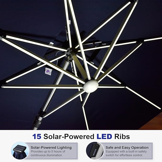 PURPLE LEAF 10' X 13' Double Top Deluxe Solar Powered LED Rectangle Patio Umbrella Offset Hanging Umbrella Outdoor Cantilever Umbrella, Navy Blue