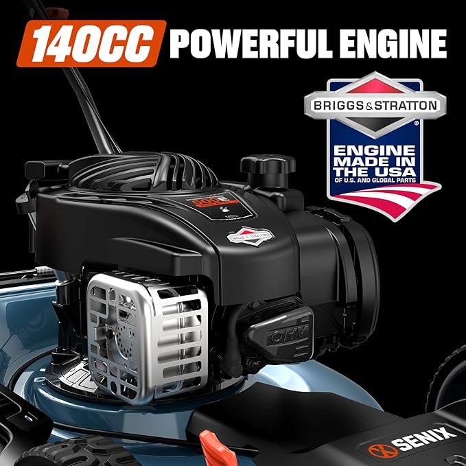 SENIX LSSG-M9 21-inch Gas Self-Propelled Lawn Mower - 140 cc 4-Cycle Briggs & Stratton Engine, Bagging, Mulching, and Side Discharge, 6-Position Lever Height Adjustment