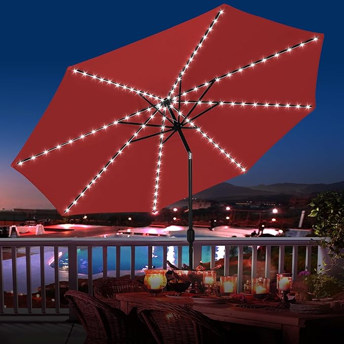 Sundale Outdoor Olefin 5-Year-Non-Fading Solar 88 LED 10FT Solar Patio Umbrella with Sand Bag Base, Outdoor Umbrella with Tilt and Crank, Red