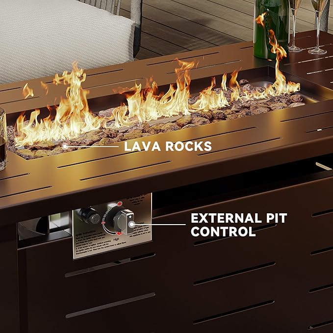 Aoxun 41" Propane Fire Pit Table – 50,000 BTU Outdoor Gas Fire Pits with Removable Lid & Waterproof Cover, Lava Rocks Rectangle Gas Firepit Table for Outside Patio Brown