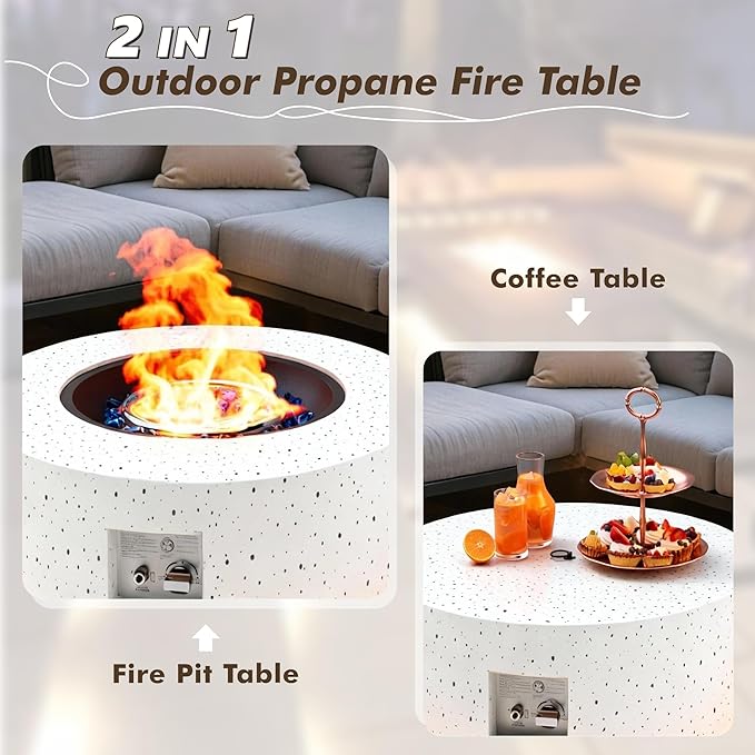 30" Round Propane Fire Pit Table - 50K BTU with Lid, Rocks Tank Storage and Cover - Round Gas Fire Pits for Outside Patio - Outdoor Table with Firepit (White/Golden Light, 30" Round)