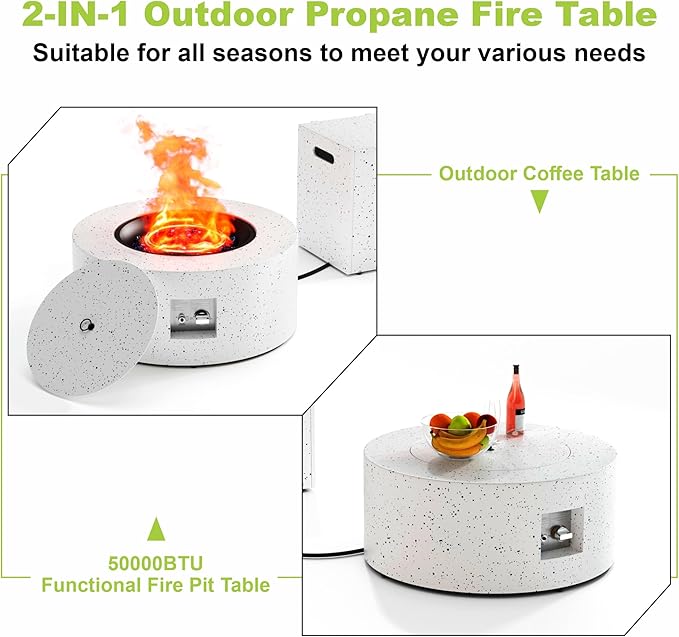 30" Round Propane Fire Pit Table - 50K BTU with Lid, Rocks Tank Storage and Cover - Round Gas Fire Pits for Outside Patio - Outdoor Table with Firepit (White, 30" Round)