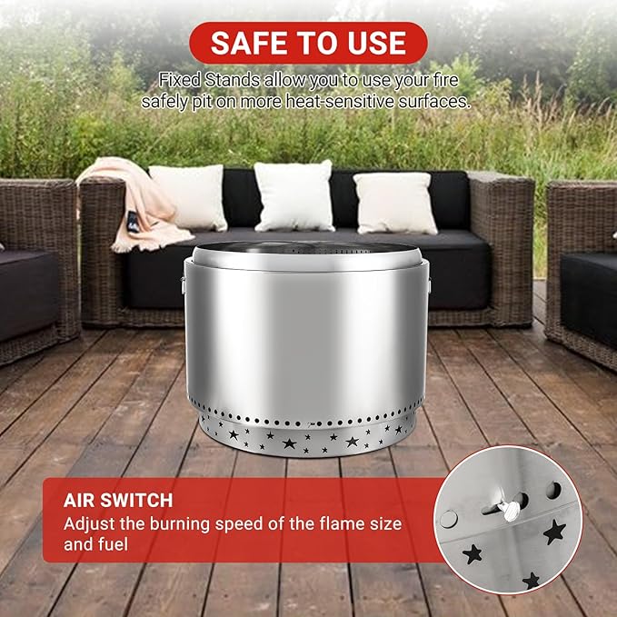 27-Inch Smokeless Fire Pit, Portable Stainless Steel Stove with Star Hollowing, Fire Pits with Star Bracket for Camping Outdoor Wood Burning (Without Handle)