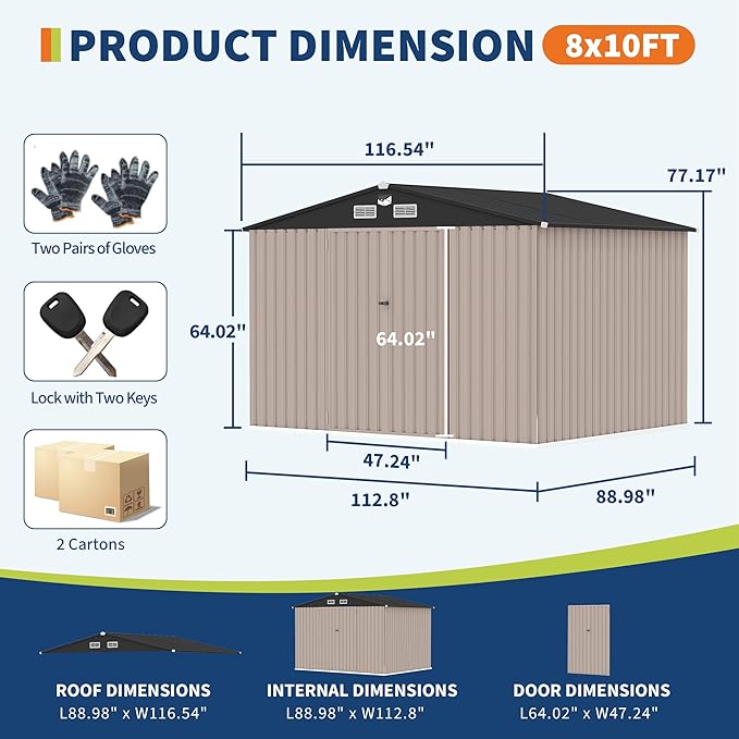 8x10 FT Metal Storage Sheds Outdoor with Solar Light, MetalTool Shed with Lockable Door, MetalYard Sheds Garden Shed Kit, Metal UtilitySheds Buildings with Air Vent for Backyard Garden Patio Lawn