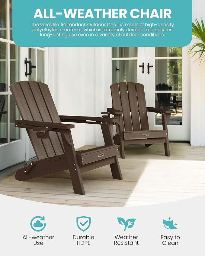 Folding Adirondack Chair 4 Pack, HDPE All-Weather Fire Pit Chairs, Plastic Adirondack Chairs with 2 Cup Holder, Outdoor Lawn Chair for Patio Garden (Brown)