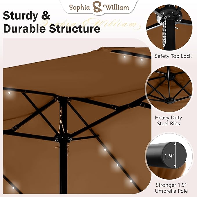Sophia & William 15 ft Extra Large Patio Umbrella with Solar Lights, Rectangular Outdoor Umbrella with Base Included, Market Umbrella Double-sided Heavy Duty for Pool Garden Backyard, Tawny