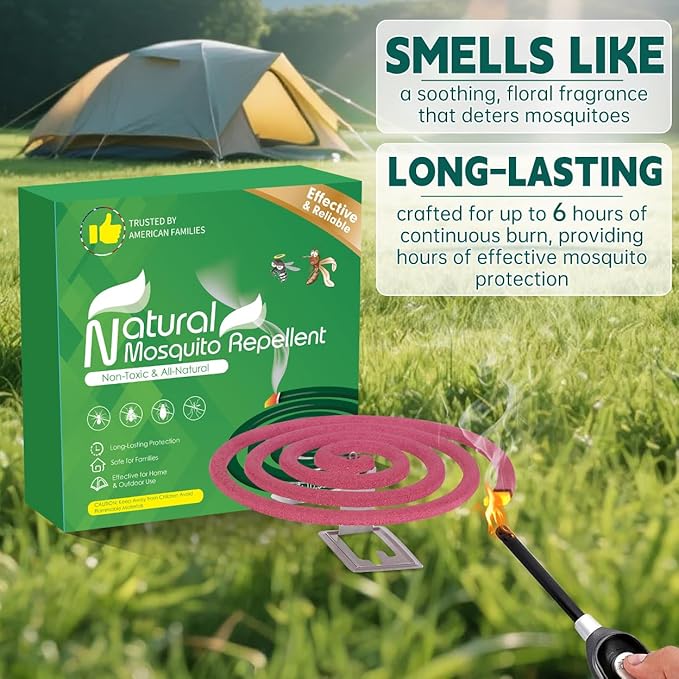 Extra Strong Mosquito Repellent Coils, 24 Pack Large Outdoor Coils Insect Repellent DEET Free, 6-Hour Protection Covers 12ft, Safe & Effective for Yard, Patio, Camping, Garden, Deck & BBQ Areas