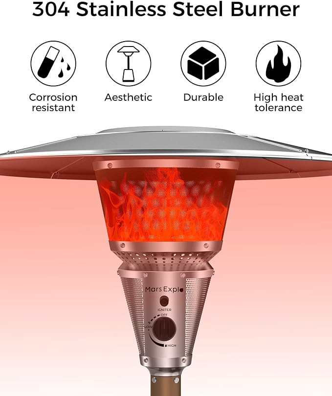 50,000 BTU Patio Heater for Outdoor Use With Adjustable Heat Focusing Top, Portable Propane Patio Heater with Wheels, Stainless Steel Burner for Porch, Deck, Garden, Commercial (Brown)