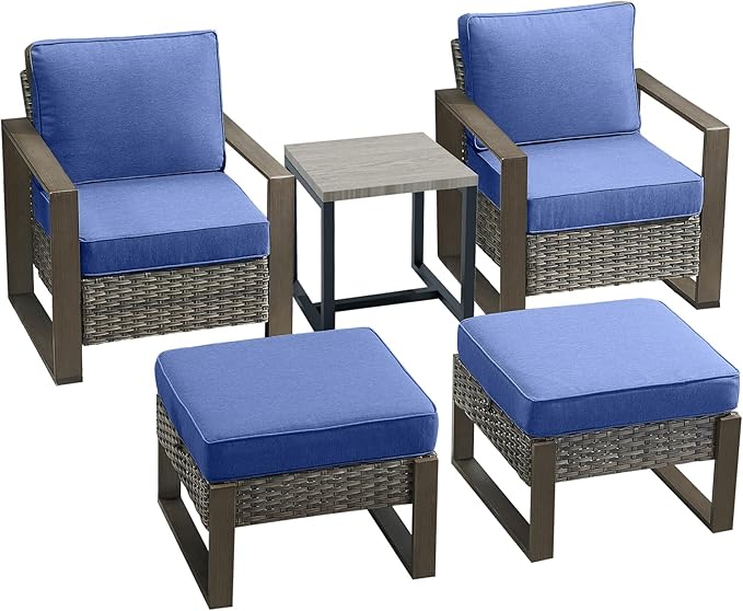 Rilyson Outdoor Wicker Patio Furniture Set - 5 Piece Patio Conversation Set with 2 Wicker Armrest Chairs,2 Rattan Ottoman, 1 Side Table, Sturdy Frame, Thick Cushions, Deep Seating(Mixed Grey/Blue)