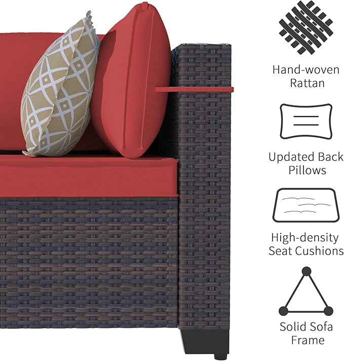 Outdoor Patio Furniture Set, 7 Pieces Outdoor Sectional Furniture Patio Sofa, All-Weather PE Rattan Patio Conversation Set with Tempered Glass Top Table & Cushions(Red).