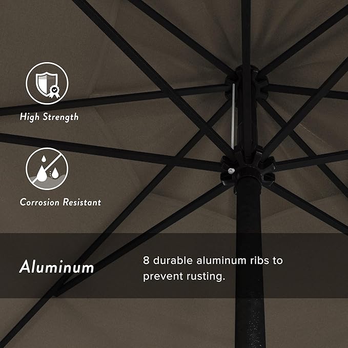 California Umbrella 9' Rd Aluminum Patio Umbrella, Crank Lift, Auto Tilt, Black Finish, Sunbrella Dove