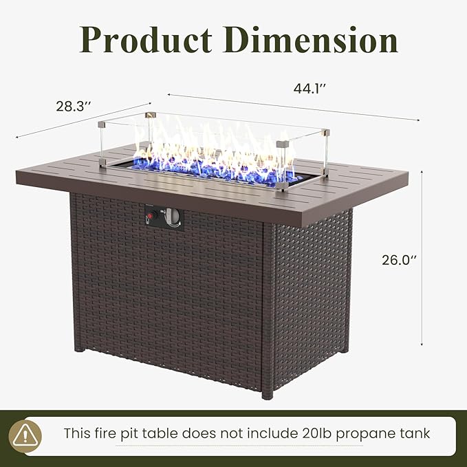 Propane Fire Pit Table, 44" Outdoor Gas Fire Pit with Glass Wind Guard & Waterproof Cover