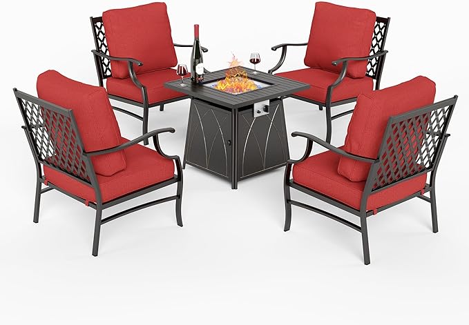 SUNSHINE VALLEY 5 Piece Metal Outdoor Patio Furniture Set with Fire Pit Table, Patio Conversation Sets 4 Fixed Chairs with 5.75" Thick Cushion and 5000 BTU Fire Pit Table, Backyard Furniture, Red