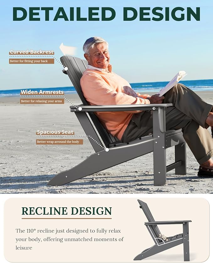 BRIOPAWS Adirondack-Chairs-Set of 4 | Fire Pit Chair | Oversized | HDPE Plastic | Weather Resistant | for Deck Outdoor Poolside Campfire | Grey