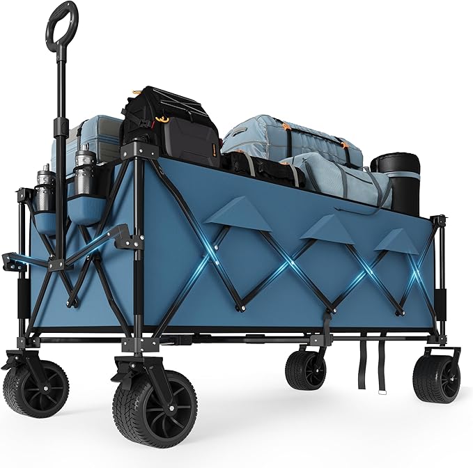 52" Foldable Wagon for Beach with 460lbs Weight Capacity, Heavy Duty 350L Extra Large Collapsible Foldable Wagon for Camping, All Terrain Beach Wagons Extended with Cup Holders for Sand