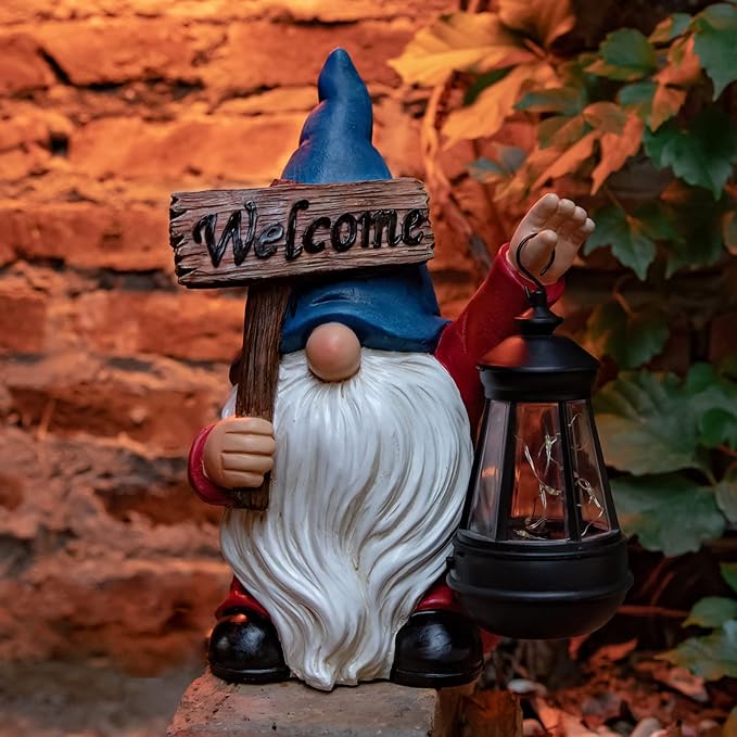 WONDHOME Garden Gnome Outdoor Decoration Solar Gnomes Statue with Lantern LED Lights,Terrace Courtyard Lawn Patio Porch Fall Decoration Halloween Christmas Housewarming Gift for Mom Women, Gnome Blue