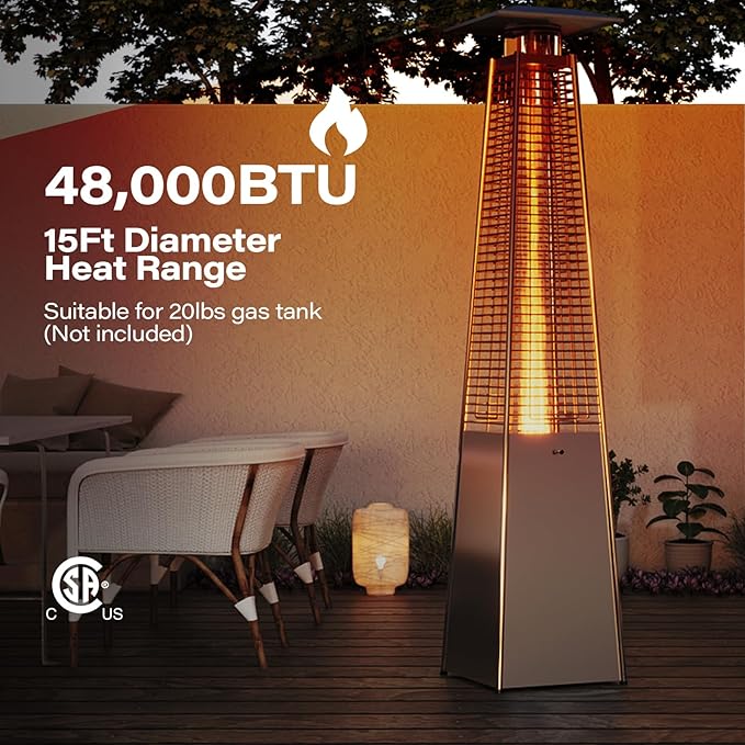 LAUSAINT HOME Pyramid Patio Heaters for Outdoor Use, 48,000 BTU Outdoor Propane Heaters for Patio with Cover & Wheels, 87" Tall Quartz Glass Tube Flame Heater for Deck, Party, Commercial, Restaurant