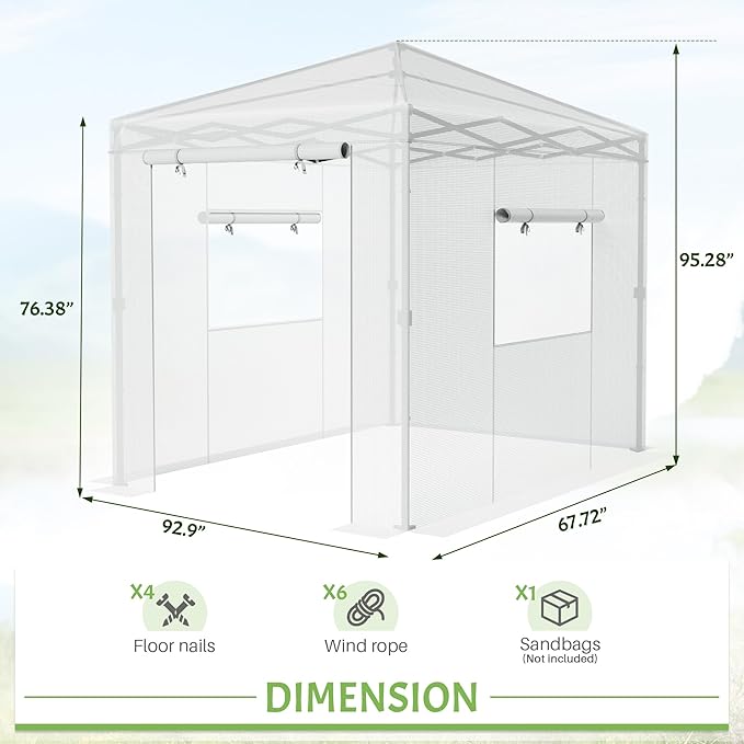 Greesum 8x6 FT Portable Pop-up Greenhouse with Center Lock, PE Cover, Zippered Door and 2 Roll-up Windows, Easy Assemble(White)