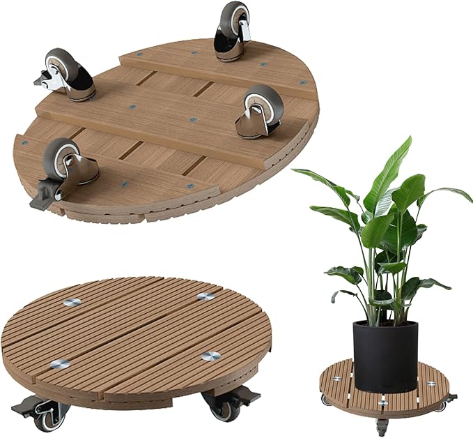 mondaria 2 Pack Plant Caddy with Wheels, 13.8" Wood Plastic Composite Plant Stand, Heavy Duty Round Plant Dolly with Metal 360° Lockable Caster Wheels for Large Plant Pots, Flower Pot ,Brown