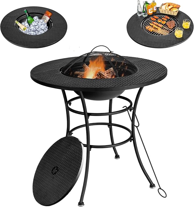 Tangkula 32 Inch Outdoor Fire Pit Dining Table, 4-in-1 Round Wood Burning Fire Pit Bowl, Patio Steel Firepit for BBQ, Bonfire, Camping, Includes Fire Poker, Cover, Grill, Log Grate, Spark Screen Cover