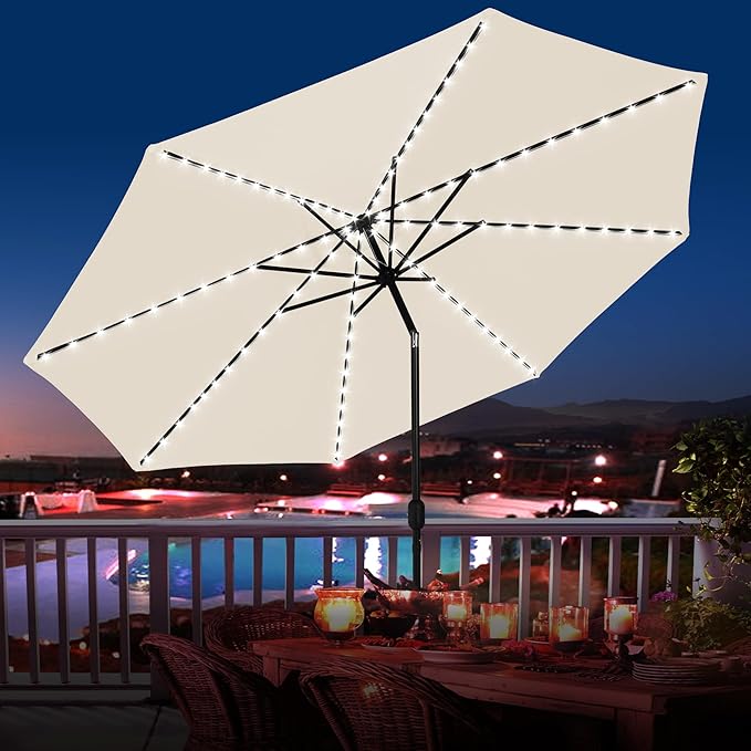 Sundale Outdoor Olefin 5-Year-Non-Fading Solar 104 LED 11FT Solar Patio Umbrella with Sand Bag Base, Outdoor Umbrella with Tilt and Crank, Beige