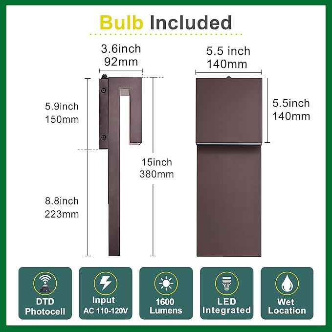 15IN Outdoor Wall Sconce Fixture,Dusk to Dawn Patio Lights,Waterproof Exterior Lamp,Modern Wall Mounted with 17W 3000K LED, Bronze Finish,Outside Lights for House Front Door Entryway