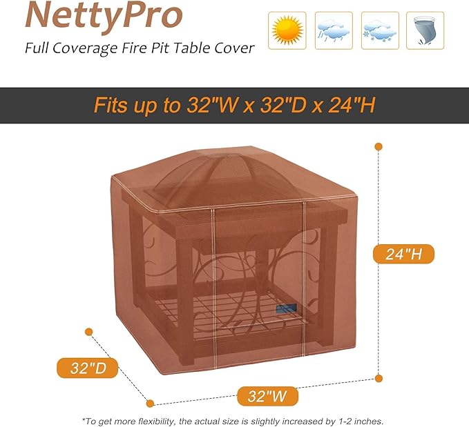 NettyPro Fire Pit Cover Square Waterproof Outdoor Firepit Cover for Gas Propane Fire Pit Table, 32 x 32 x 24 inch, Brown