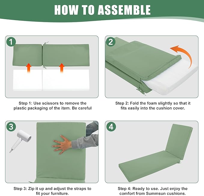 Chaise Lounge Cushions Outdoor Set of 4 - Waterproof and Fade Resistant Sun Lounger Replacement Cushions - Patio Lounger Pads with Removable Cover for Pool, Deck, 80 x 26 x 3 Inch, Sage Green