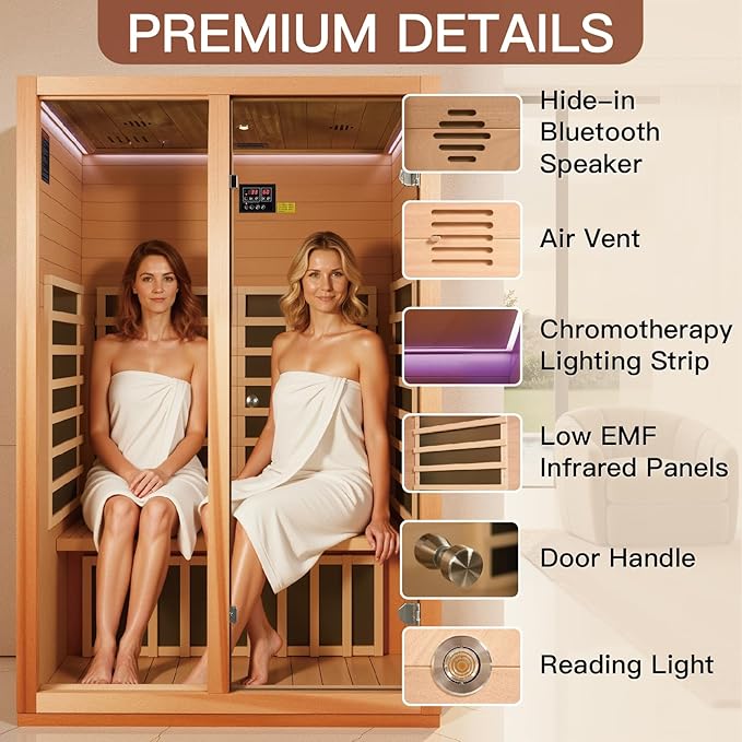 2 Person Infrared Sauna for Home, Low EMF Heater Panels & Chromotherapy Lighting, 1760W/120V, Perfect for Personal Home Sauna for Relaxation and Spa Wellness, 51.18" x 35.43" x 74.8"