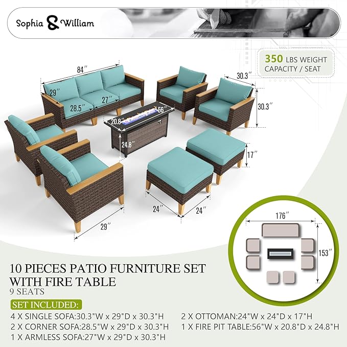 Sophia & William Patio Furniture Set with Fire Pit Table, 10 Piece Outdoor Wicker Furniture Sectional Sofa, Extra Large Patio Rattan Conversation Set with Ottoman & 56" Fire Pit Table(Aqua Blue)