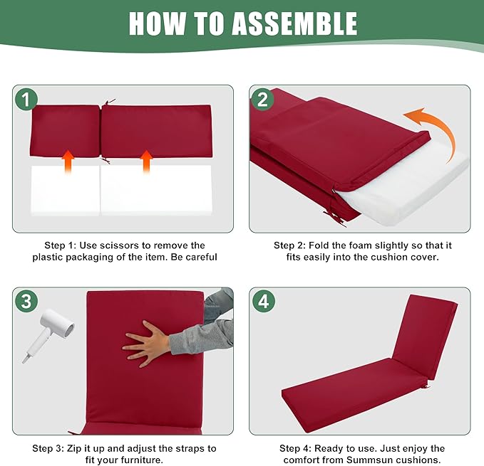 Chaise Lounge Cushions Outdoor Set of 2 - Waterproof and Fade Resistant Sun Lounger Replacement Cushions - Patio Lounger Pads with Removable Cover for Pool, Deck, Lawn, 80 x 26 x 3 Inch, Red