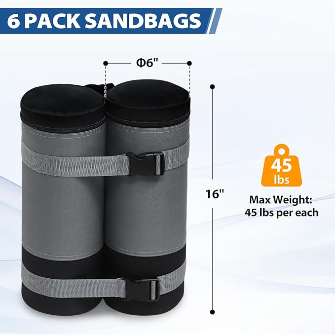EAGLE PEAK Extra Large Weight Bags for Canopy Tent 270 lbs Leg Weights Heavy Duty Sandbags for Pop Up Canopy Gazebos Beach Tent Umbrella Greenhouse Set of 6, Gray