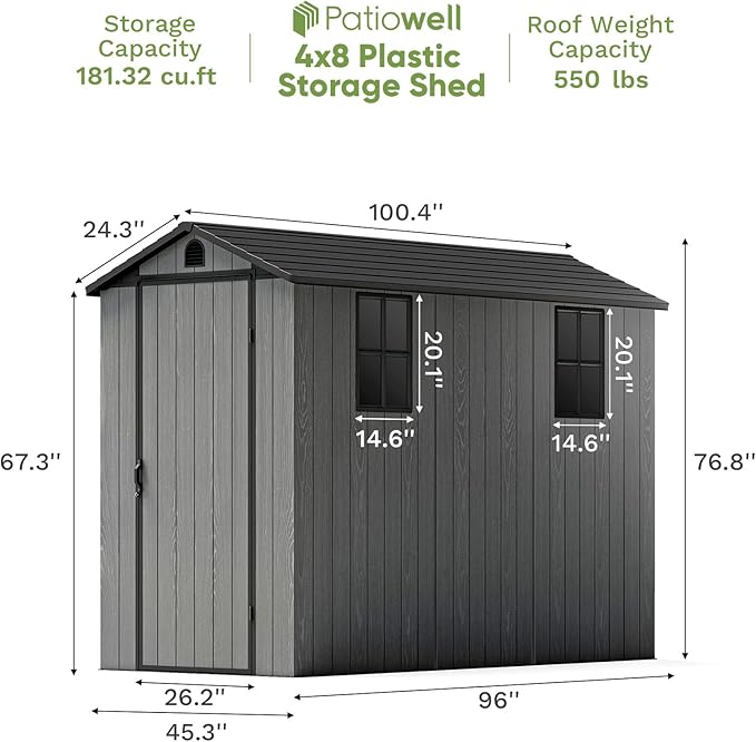 Patiowell 4 x 8 FT Plastic Outdoor Storage Shed with Floor, Garden Tool Shed with Two Windows and Single Lockable Door for Garden, Backyard, Lawn, Easy to Install (Dark Grey) (Fit-it Shed)