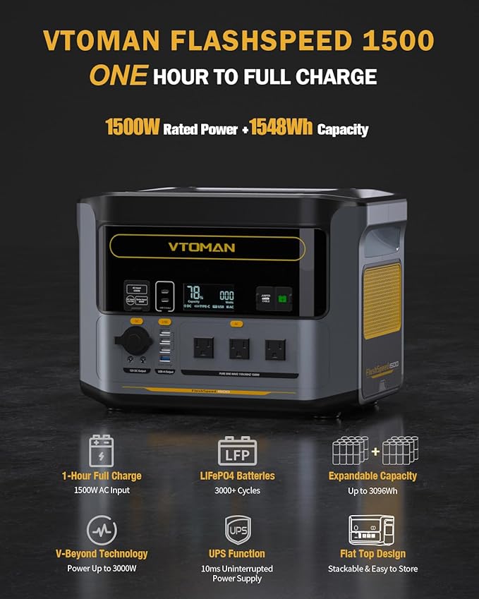 VTOMAN FlashSpeed 1500 Portable Power Station with 200W Pro Solar Panel, 1548Wh LiFePO4 Solar Generator, 1 Hour Fast Charge, 1500W AC Output for Off-Grid, Camping, RV and Home Backup, Emergencies