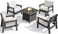 SERWALL Patio Furniture Set with 33” Fire Pit Table, HDPE Outdoor Sectional Sofa Set with Thickened Cushions, Grey Frame with Khaki Cushions