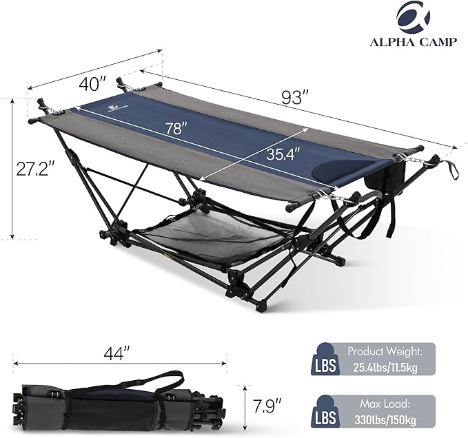 ALPHA CAMP Portable Hammock with Stand Included, Free Standing Hammock for Outside Heavy Duty, Outdoor Self Standing Hammock Foldable with Storange Net for Backyard Camping Beach 330lbs Capacity