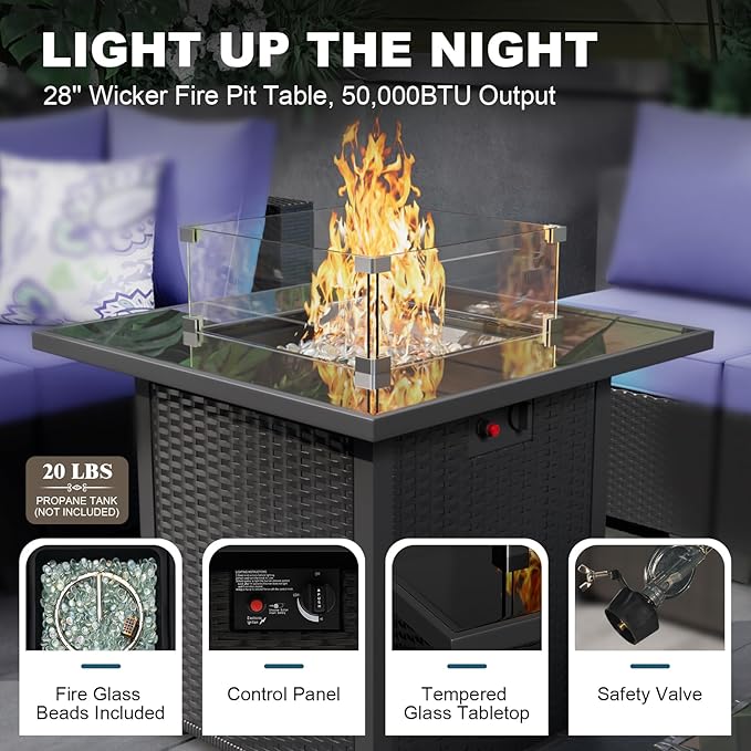 Patio Furniture Set with Fire Pit Table, 8 Piece Wicker Outdoor Sectional Set with Thick Cushions, Patio Sofa for Porch Garden Backyard Deck, Coffee/Blue