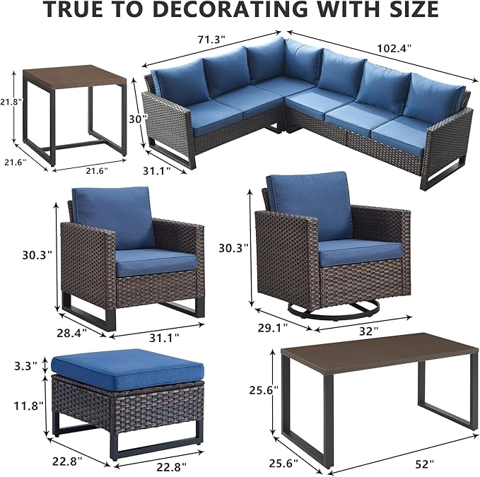 HUMMUH 10 Piece Patio Furniture Set PE Wicker 3 Outdoor Sectional Sofa Set with Patio Chairs Dinning Table Ottomans for Porch,Garden,Backyard,Deck(Brown/Blue)