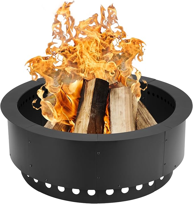 Aoodor 36 Inch Outer Round Smokeless Fire Pit Ring, 30 Inch Inner Double Layer Heavy Duty Metal Fire Pit Insert Liner for Backyard Bonfire Outside Picnic BBQ, Black