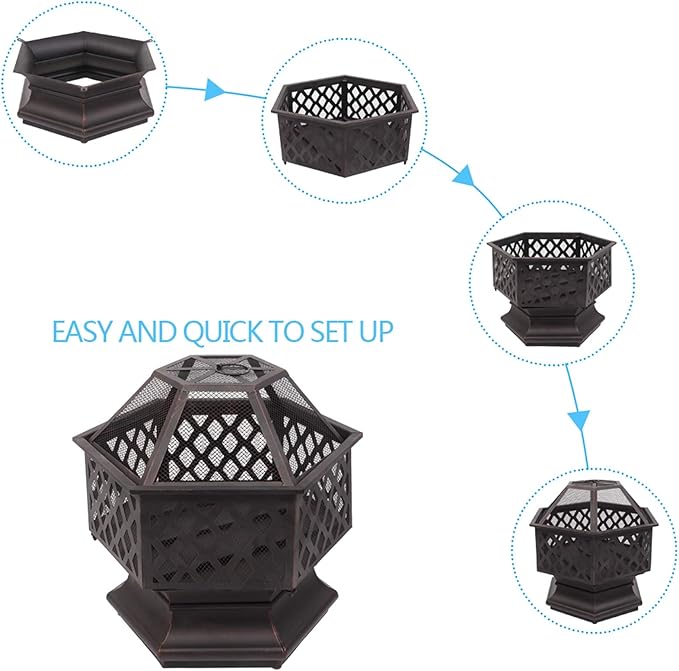 Outdoor Hex-Shaped Fire Pit, Portable Wood Burning Firepit for Outside, 22 Inch Metal Bonfire Fire Pits with Mesh Lid and Poker for Backyard Heating, Garden, Patio, Beach, Poolside, Picnic, Camping