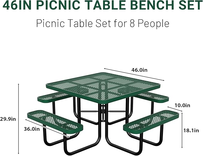 HIMcup 46" Square Picnic Table for Outside,Heavy Duty Metal Picnic Table Bench Set with 2in Umbrella Hole, 1600 lb Capacity,Commercial Dining Table Furniture for Garden Yard Patio Party Coffee Shop