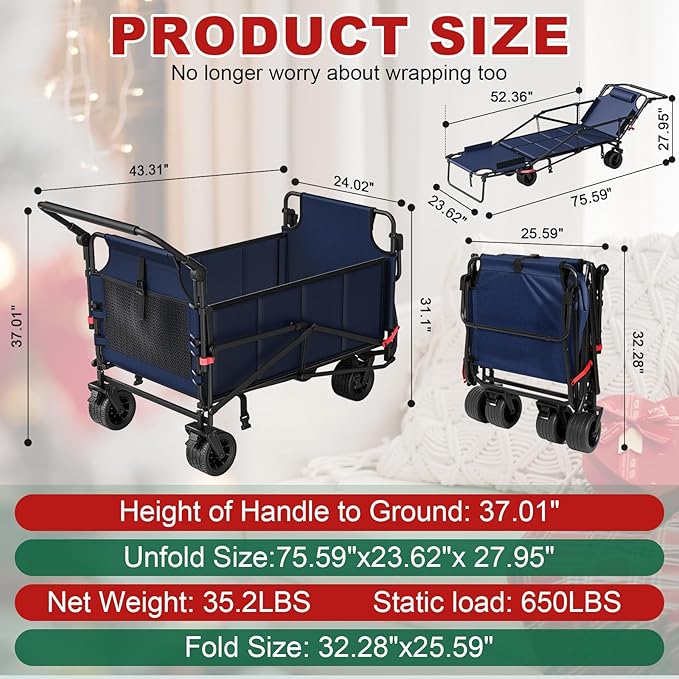 LEVELEVE Heavy Duty Folding Wagon - 2-in-1 Collapsible Cart, 650lb Capacity, All-Terrain Wheels w/Brakes & Side Pockets (Blue)