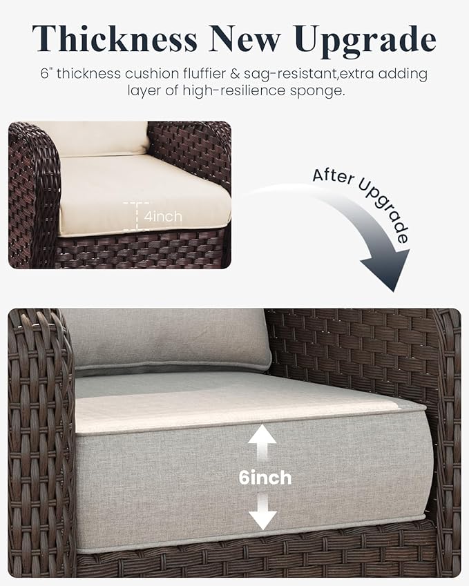 LayinSun 10 Piece Wicker Outdoor Furniture Set with 6-inch Comfy Cushions, High Back Patio Furniture Set with Swivel Rocking Chairs and Fire Pit Table